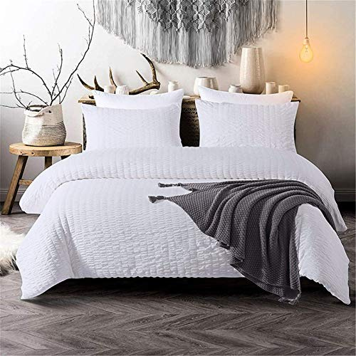 Housse de couette blanche en seersucker pour adulte adulte ensemble de literie à plis pincés avec 2 taies d'oreiller Housse de couette Puckering Crimping avec fermeture à glissière 220x230cm