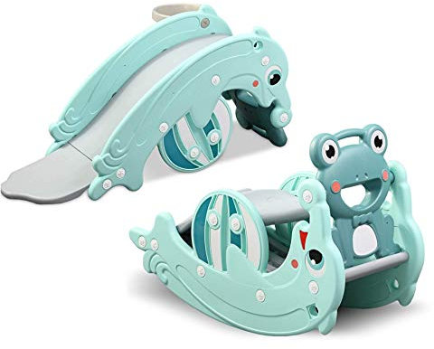 2in1 Kinder Rutsche und Wippe Kombination, Schaukeltier einfach umdrehen und aus der Wippe Wird eine Kinderrutsche für drinnen und draußen (ohne Umbau) - inkl. Basketballkorb (Mint)