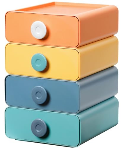 Yorbay Juego de 4 cajones apilables para oficina, organizador, compartimentos para ordenar y cosméticos, caja de almacenamiento con cajones, tamaño individual 20 x 21 x 8 cm, 4 colores