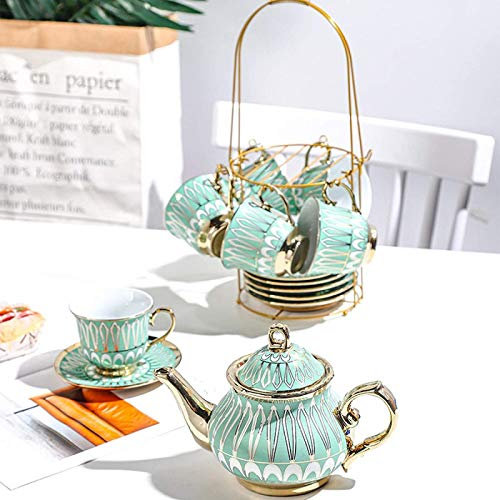 RDJSHOP British Porcelain Tea Sets, Ceramic Teapot with Cups and Saucers Set with Cup Holder Stand Ceramic Tea Service for Adults Afternoon Tea Set,Green