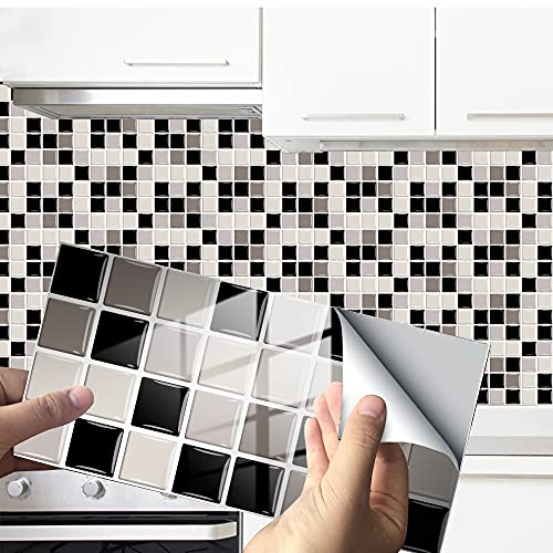 Hiseng 48 Pezzi Adesivi per Piastrelle Mosaico, Impermeabile a prova di olio PVC Autoadesivo Decorazione, Facili da Staccare e Applicare Adesivi Pavimento per Bagno Cucina Parete, 20x10 cm (Grigio)