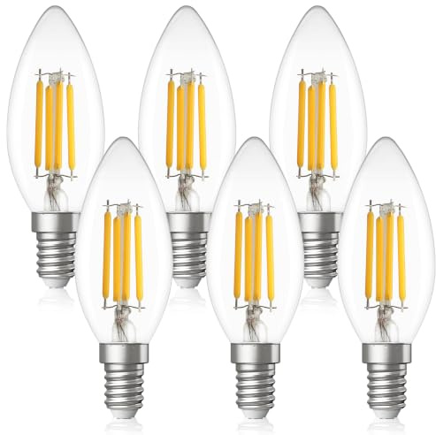 YOUDIAN E14 LED Candle Light Bulb,Warm White 2700K SES Bulbs,Pack of 6 | Small Edison Screw,4W Equivalent 40W,Clear Filament Light Bulb,400LM,220-240V,Not Dimmable