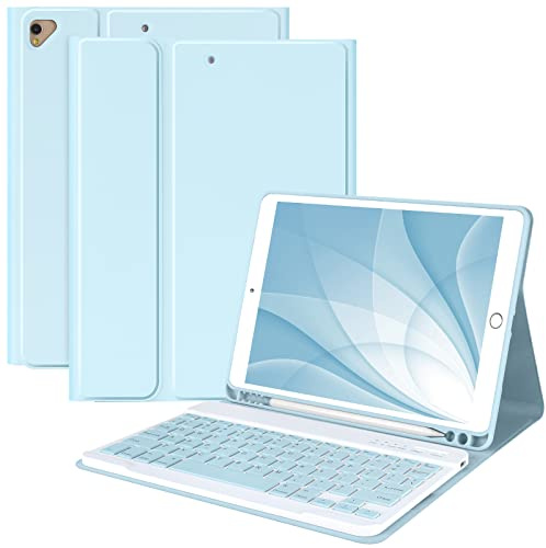 MMK Custodia per iPad 9/8/7a generazione con tastiera 10,2, blu | Tastiera e matita magnetica rimovibile wireless per iPad 10,2/Air 10,5 (3a generazione)/Pro 10,5