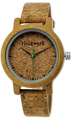 Holzwerk Germany Handgefertigte Designer Damen Uhr Öko Natur Vegan Holzuhr Armband-Uhr Analog Klassisch Quarz mit Kork Armband und Holz Ziffernblatt