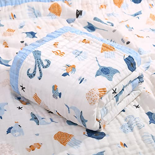 Hivia 110 * 110CM Couverture Bebe-Gaze de Coton 6 Plis Couverture Bebe Naissance，Cadeaux pour Les Nouveaux-nés Convient aux Bébés de Tous âges|Océan