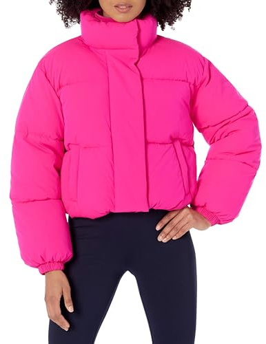 Amazon Essentials Women's Relaxed Fit Cropped Full-Zip Puffer Jacket with Snap Closure, Quilted Matte or Sherpa Fleece, Neon Pink, Small