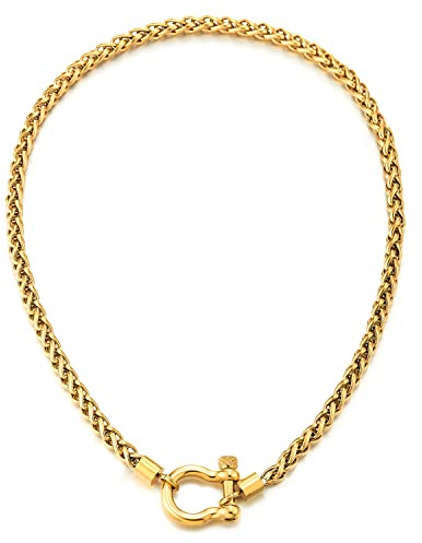 COOLSTEELANDBEYOND Damen Herren Edelstahl Gold Farbe Fuchsschwanz Weizen Kette Halskette Schraube Anker Schäkel Nautisch Matrose Verschluss