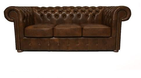Chesterfield 3-Sitzer Sofa - 100% Leder, Handgefertigt, Original Chesterfield - Breite 200 cm - Cloudy Hellbraun