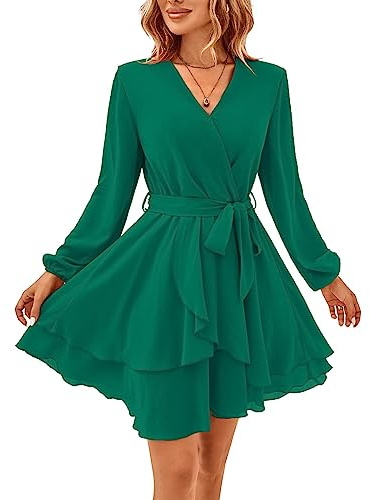 TcIFE Dam fritidsklänning Djup V-ringning långärmad A-linje midja slips volang eleganta mini kort swing skejtare klänninga, Grön, XL