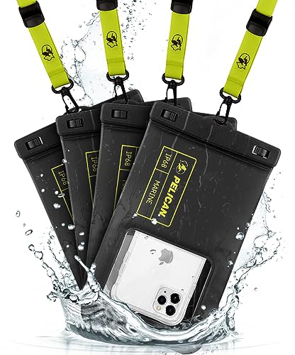Pelican Marine 4 Pack - IP68 Floating Waterproof Phone Pouch/Case (XL Size) - iPhone 15 Pro Max/ 14 Pro Max/ 13 Pro Max/ 12 Pro Max/ S23 Ultra/Pixel 8 - Detachable Lanyard - Black/Yellow