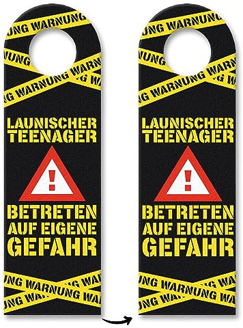 Warnung Launischer Teenager Türhänger 3er Set mit Warnzeichen in schwarz Betreten auf eigene Gefahr für Jugendliche die oft genervt oder zickig sind um den Eltern zu zeigen wie die Laune gerade ist