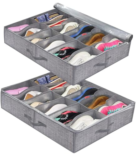 twirush Under Bed Shoe Storage Organiser Set of 2, Fits 24 Pairs Total, Under Bed Shoe Storage Box with Lid, Clear Foldable Fabric Shoe Storage Boxes(Gray)