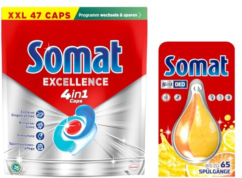 Somat 4in1 Caps 47 AW Excellence, schnellauflösende Spülmaschinentabs, Somat Caps für exzellente Reinigung + 5in1 Additive Deo Perls 60 AW Zitrone & Orange Duft 17g