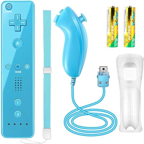 YOVONAZE Compatibile con Nintendo Wii Controller, Wii Remote con Nunchuck e Nunchuck Controller con custodia in silicone e cinturino da polso per Wii e Wii U, incluse 2 batterie AA (blu)