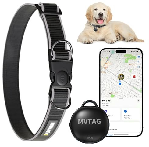 Collar de Perro GPS con rastreador - Dispositivo de Seguimiento/Rango Ilimitado/Modo perdido para Perros Juego de Collar Inteligente de tamaño Ajustable - Funciona con Apple Find My (Solo iOS)