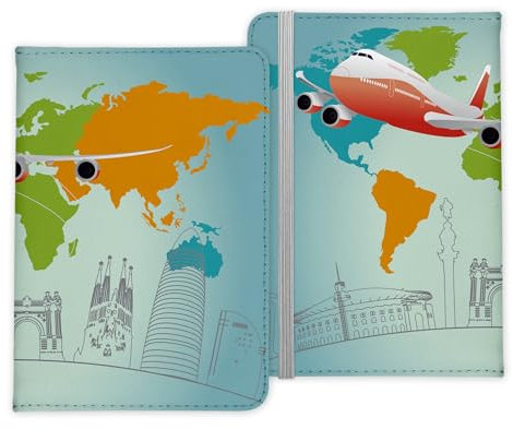 22Feels Reisepasshülle Organizer Reisen Gadgets Weltkarte Skyline Berühmte Sehenswürdigkeiten Urlaub Kunst-Leder Etui Cover Frauen Männer Kinder