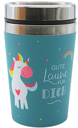 Dekohelden24 Thermobecher/Becher to go, Kaffeebecher, Isolierbecher, Reisebecher, Einhorn, Motiv: Gute Laune für Dich, Maße H/ : 13,5 x 8,4 cm, Fassungsvermögen: 240 ml.