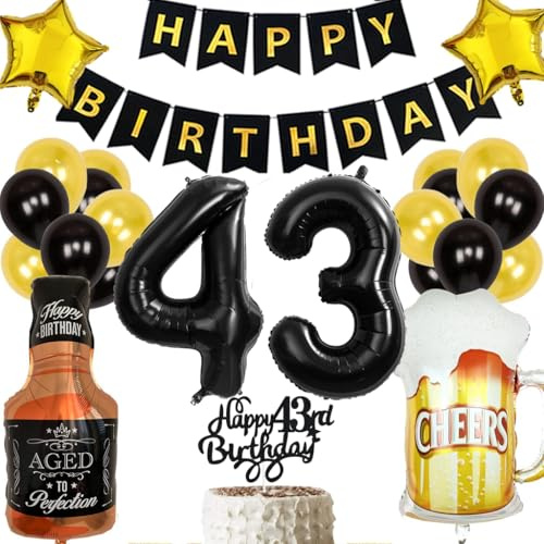Anlgdi Geburtstagsdeko 43 Jahre Mann Frau, Ballon 43. Geburtstag Deko Männer, Schwarz Tortendeko Geburtstag 43 Jahre Mann, Helium Ballon Whiskey Bierglas für 43. Geburtstags Männer Party Dekoration