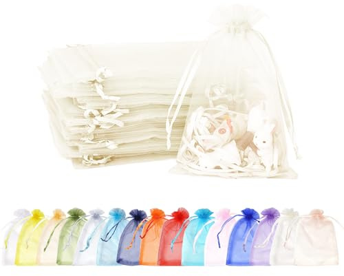 MORAINJAY 100 Piezas Bolsas de Organza,9x12cm Blanco Marfil Bolsas Organza,Bolsas Regalo Organza con Cordón para Boda Favores Joyas y Dulces