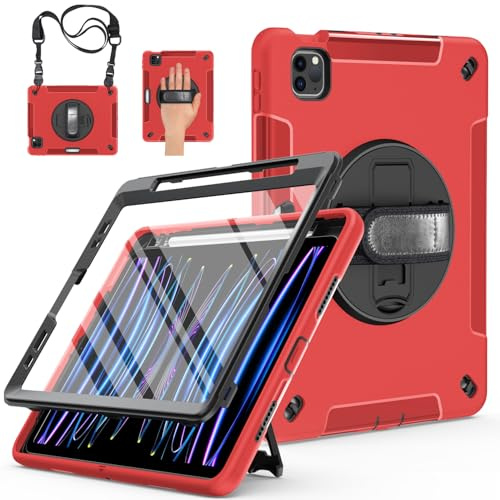 Miesherk Hülle für iPad Pro 11 Zoll 4./3./2./1.Generation: robuste stoßfest Case iPad Pro 11 2022/2021/2020/2018 mit Displayschutzfolie-Stifthalter-Drehbare Ständer-Handschlaufe-Schultergurt-Rot