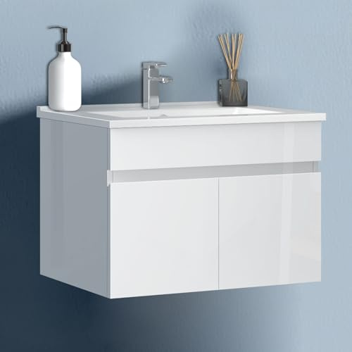 HAPAOSO 60 cm Waschtisch mit Unterschrank Badmöbel Set mit Waschbecken Keramik dünn Gäste WC Hochglänzend Weiß