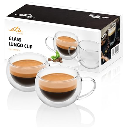 ETA Doppelwandige Lungo Gläser mit Henkel, 160ml, 2 Stück, heiße & kalte Getränke, Kaffeegläser, aus Borosilikatglas, Leichtes Gewicht, Spülmaschinenfest