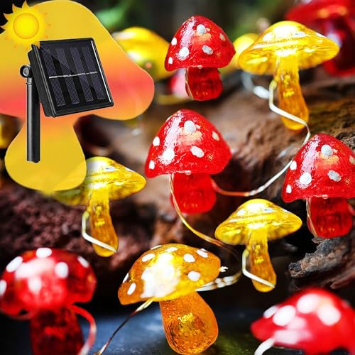 Mushroom Decor Solar String Lights Outdoor Garden Fairy Lights-14ft 40 LED Waterproof with 8 Flick Options- Solar Christmas Lights for Outside 3D Mushroom Party Decoration for Yard Fence Doorway