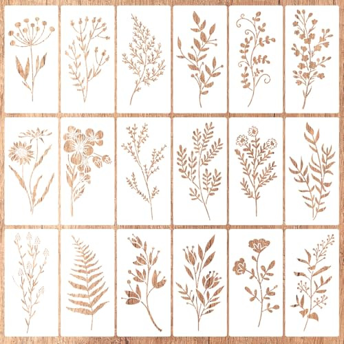 18stk Wildblumen-Schablonen zum Malen, Blätter- und Blumen Schablonen Wiederverwendbare Botanische Zeichenvorlagen für Blumen und Holz Arbeiten Leinwand Wandkunst Möbeldekor