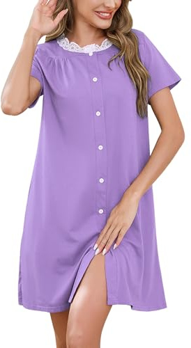 Litherday Camicia da Notte Donna Manica Corta Cotone con Bottoni Davanti Ospedaliero Quotidiano per L'Allattamento Seno Camicia da Notte Parto con Tasche Leggero e Confortevole