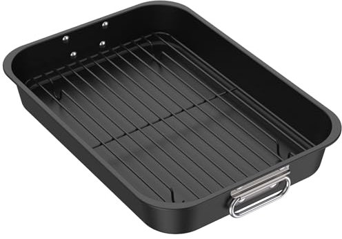 Roasting Pan Versatile Deep Baking Pan with Rack and Handles 39 x 28 CM Non Stick Metal Baking Dish Pan Roasting Tin Pans Solid Lasagna Brownie Turkey Pan for Kitchen