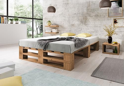 Lermowood Palettenbett M2 aus Holz 160 x 200 cm Eiche mit Lattenrost Holzbett 30cm Stabiles Seniorenbett Kinderbett Jugendbett Gästebett erhöhtes Einzelbett Bettgestell Futonbett Komforthöhe