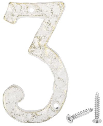 sourcing map Numero di indirizzo civico, 14 cm, in ghisa, stile vintage, numero 3, numeri esterni per casa, strada, ufficio, cassetta postale, bianco e oro