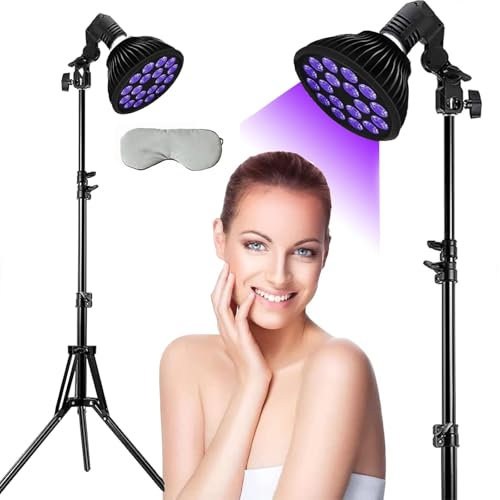 54W Bräunungslampe mit Augenmaske und verstellbarem Ständer, 18 Stück LED-Sonnenlampen zum Bräunen, lila Licht Stehlampe für Körper und Gesicht, Selbstbräunungsgerät