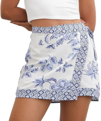 Talakeno Womens Floral Wrap Mini Skirt Summer Beach Short Skirt Casual Knot Side High Waist A Line Vacation Outfits Skirts Blue