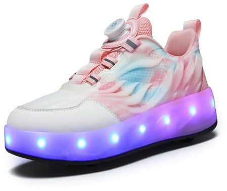 FANSU Jungen Mädchen Schuhe mit 4 Rollen Skate Größe 30-39, Kinder Rollschuhe mit LED Blinkend, mit Rollen Abnehmbar, Skateboardschuhe Einziehbar Komfort Outdoor Sportschuhe,Stil S882 (Rosa,38)