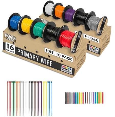 Cablectric 100 ft 16 Gauge Wire - 10 Roll Assortment Pack Automotive Wiring Kit with Dispenser Box - 10ft Stranded Copper Clad Primary Cable per Roll