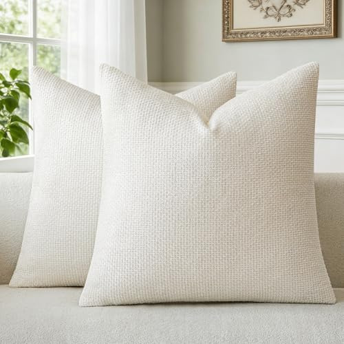 a moment Kissenbezug Creme 45x45 Chenille 2er Set Dekokissen Kissenbezüge | Muster Deko Sofakissen Couchkissen Zierkissenbezug Waschbar Flauschig Kissenhülle für Sofa Bett Wohnzimmer Schlafzimmer