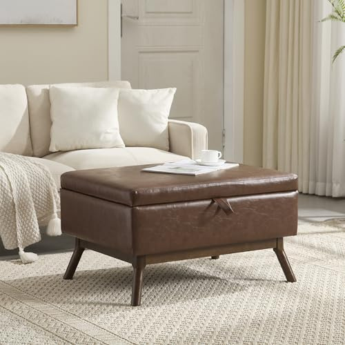 ZONJIE Bank mit Stauraum, Basics Bank für den Eingangsbereich, Polsterhocker, Storage Coffee Table, Leinenstoff gepolsterte Aufbewahrungsbank mit Massivholzbeinen (Braun + PU-Leder)