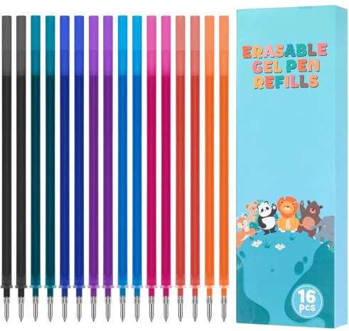 Thboxes Radierbare Ersatzminen 0,7 mm, 16 Stück, 8 Farben, 13 cm | Kompatibel mit Legami Gelstiften, Löschbare Tinte, Gleichmäßiger Tintenfluss, Schnell Trocknend, 185 m Schreiblänge