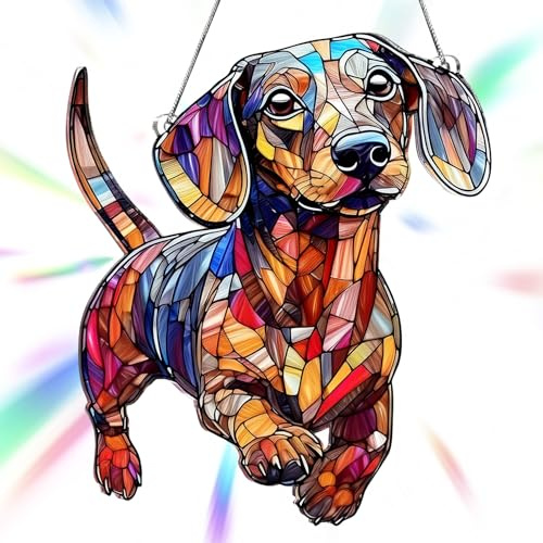 Colorful Dachshund Suncatcher with Chain, Acrylic Wiener Dog Ornament for Window Decor, Dachshund Gifts for Women, Halloween Decor, Home Accessories and Keychain 