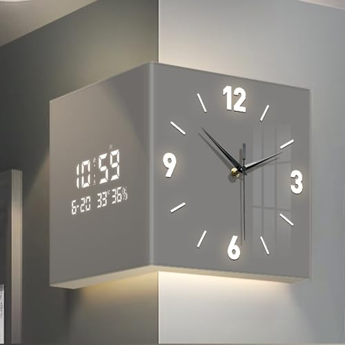 10/12/16 Inch Square Led Double Sided Corne Wall Clock, Modern Creative Sensor Luminous Corner Wall Lamp with Digital Timepiece & Scale for Living Room, Bedroom, Hallway Decorative