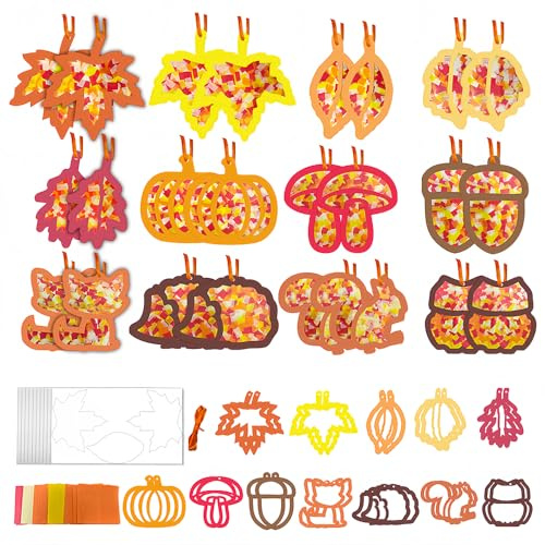 24 Stück Herbst Fensterbilder Bastelset,Fensterdeko Herbst Basteln mit Kindern,DIY Herbstdeko mit 24 Fensterbilder,10 groß PET-Aufkleber,500 Konfetti,5M Bunte Schnüre,Blätter & Acorn Decor(Blätter)