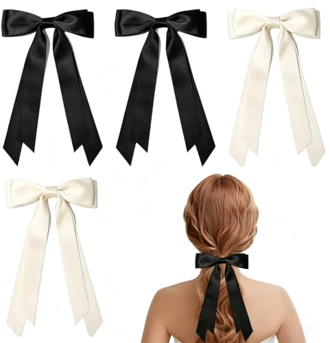 4 PCS Black Beige Hair Bows for Girls Set, Elegant and Sweet Double Layer Girls Hair Bows for Women Clips with Long Ribbon, Bow Styling Clip Barrettes Accessories for Girls Women