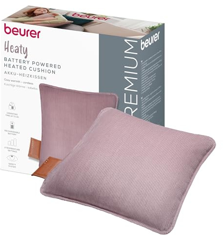 Beurer Heaty, Cordless Heat pad with Battery, Heat pad with Automatic Switch-Off Function and 3 Temperature Settings, with Fast Heating, Soft Corded Fabric, Purple