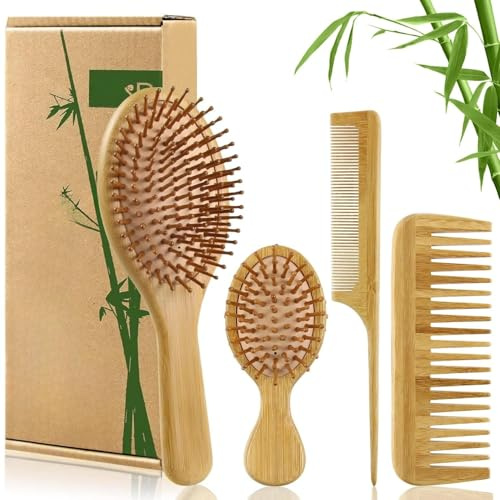 Juego de cepillos para el cabello, peine de bambú natural, cepillo para desenredar, peine de dientes anchos y cola, sin cerdas, apto para mujeres, hombres y niños, kit de regalo para cabello grueso