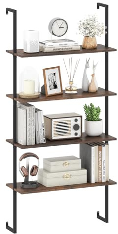 COSTWAY 4-Tier Ladder Shelf, Tall Wall Bookshelf Open Display Rack, Metal Frame Wooden Wall-Mounted Bookcase Storage Shelving Unit for Living Room, Bedroom and Office (Rustic Brown+Black, 76x30x163cm)