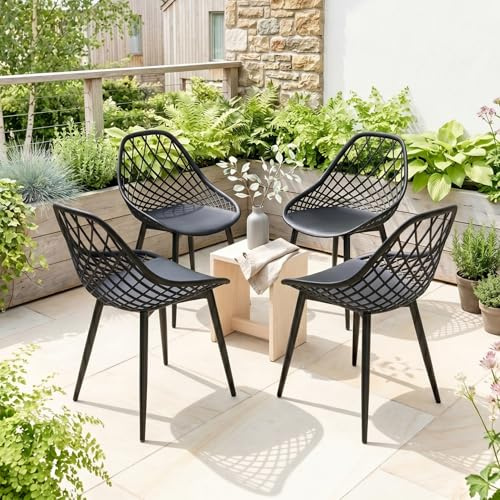 GOKHOMX Gartenstühle 4er Set, Terrassenstühle Wetterfest mit Rückenlehne, Gartenstuhl Kunststoff mit Metallfüße, Balkonstühle 150kg Belastbar, Outdoor Stuhl für Garten/Balkon/Terrasse, Schwarz