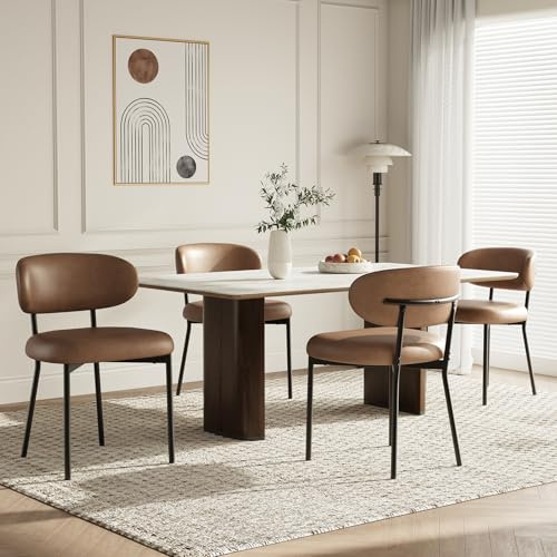 MALOL 4er Set gepolsterte Esszimmerstühle, Modernes PU-Leder, Gebogene Rückenlehne, gepolsterter Sitz, stabile Metallbeine – Design-Stühle für Küche, Esszimmer, Wohnzimmer, Braun
