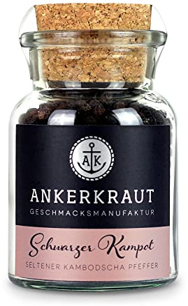 Ankerkraut Schwarzer Kampot Pfeffer, fruchtig-scharf, ganze Körner, aus Kambodscha, 80g im Korkenglas
