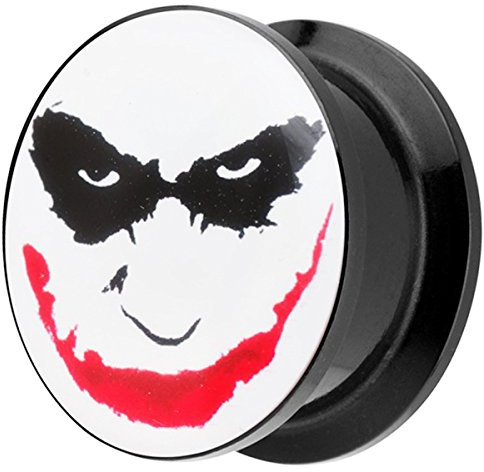 Piersando Ohr Plug Piercing Kunststoff Motiv Comic Picture Flesh Tunnel Ohrplug mit Joker Face Schwarz Weiß Rot